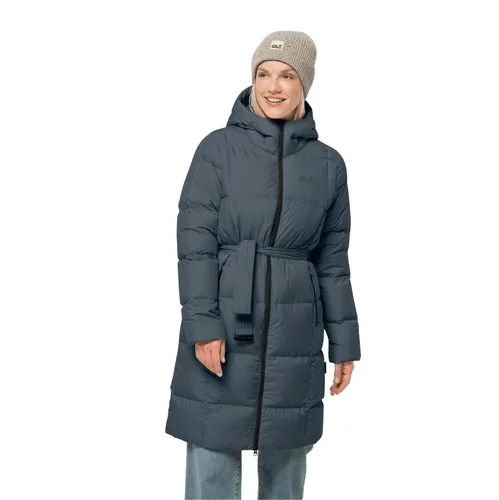 Jack Wolfskin Damen Frozen Lake Jacke, Slate Blue, L - Funktionsjacken, sehr warm mit Kapuze und Gürtel, aus recycelten Hauptstoffen für umweltbewusste Outdoor-Aktivitäten.