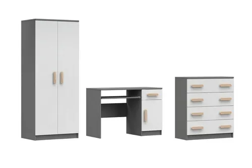 Deine Möbel 24 Jugendzimmer-Set INGE V - 3-teilig in Weiß/Grau/Eiche Sonoma - Praktisches Möbelset für das Kinderzimmer: Das INGE V Set kombiniert Kleiderschrank, Schreibtisch und Kommode in modernem Design. Individuelle Holzgriffe in verschiedenen Farben setzen Akzente und bieten viel Stauraum für Kleidung und Schulmaterialien.