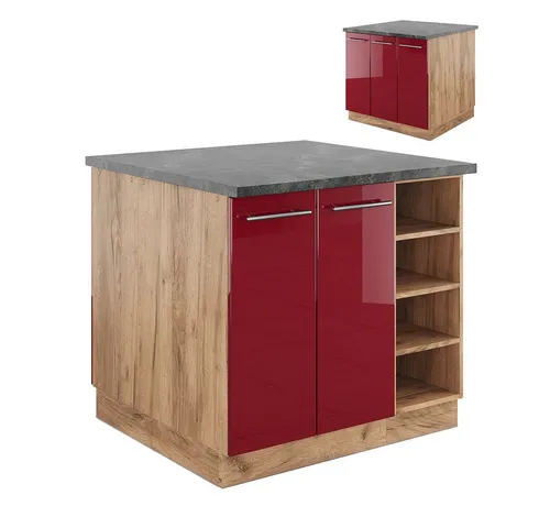 Vicco Kücheninsel Fame-Line 90 cm - Einbauküchen-Komponenten mit Hochglanzfronten in Eiche Bordeaux, bietet höchsten Komfort und Softclose-Scharnier für eine moderne Küche.