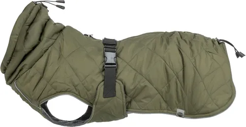 Trixie Hundemantel Minot olivgrün, Größe L - Optimaler Schutz für kalte Tage - Hundemantel aus strapazierfähigem Polyester mit weichem Fleece-Innenfutter. Reflektierende Elemente und wasserdichte Reißverschlüsse für Sicherheit und Komfort.