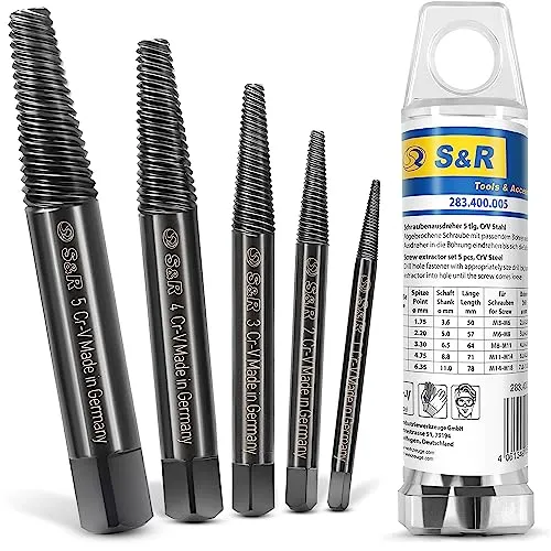 S&R Schraubenausdreher Set/MADE IN GERMANY/Linksausdreher-Satz, 5-tlg. aus hitzegehärtetem, geschmiedeten Chrom-Vanadium Stahl, Ausdreher für defekte Schrauben, Bolzen und Metallstifte