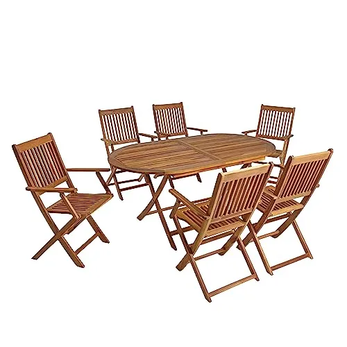 ESTEXO Gartenmöbel Sitzgruppe mit 6 klappbaren Stühlen - Esssets für die Terrasse aus hochwertigem Akazienholz; witterungsbeständig und pflegeleicht; ideal für Balkon, Terrasse oder Garten mit praktischem Sonnenschirmloch im Tisch.