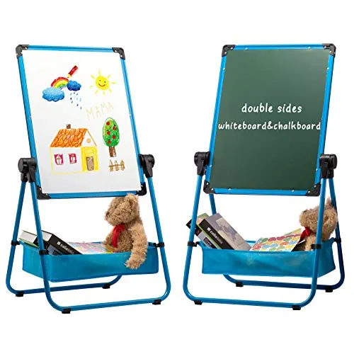 DOEWORKS Kinder Staffelei Magnetische Whiteboard U-Ständer, Doppelseitiges Whiteboard & Kreidetafel Schreibbrett mit Zubehör, Kinder Tafel Höhenverstellbar & 360°Rotation, Blau