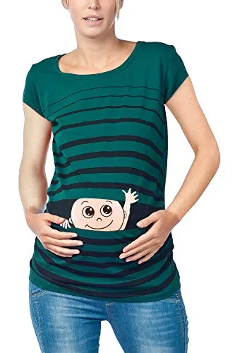 Winke Winke Baby Umstandsshirt - Lustiges Schwangerschaftsshirt in Dunkelgrün, X-Large - T-Shirts für Schwangere mit seitlichen Raffungen für optimalen Tragekomfort und einem witzigen Winke Winke Baby Motiv, perfekt für stilvolle Schwangere.
