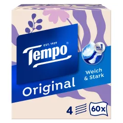 Essity Germany GmbH Tempo Original Taschentücher Würfelbox, 4-lagig, Taschentücherboxen in neuen trendigen Designs, 1 Box = 60 Tücher, Design farbig sortiert 830491