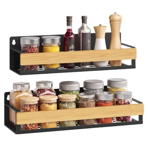 SONGMICS Gewürzregal Wand, 2er Set, Breit, Küchen Organizer Hängend, Bambus | Gewürzhalter, Ebene 5 kg Traglast, Rostfrei, Bad, Tintenschwarz und Leichter Bambus, BYSTRO Kollektion KCS602B101