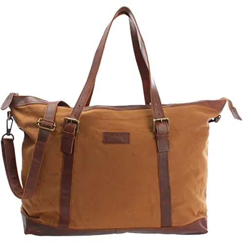 LECONI Weekender Canvas + Rinds-Leder Freizeittasche Reisetasche XL Shopper Damen + Herren Handgepäck Sporttasche Retro-Look 50x36x15cm Cognac LE2013-C