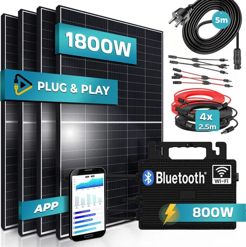 SUNNIVA® 1800W Balkonkraftwerk - Komplettset mit 800W Wechselrichter - Solaranlage mit 4x 450W Modulen, Plug&Play, Bluetooth und WIFI für einfache Nutzung und hohe Effizienz.