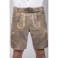 Edelnice Kurze Wildbock Lederhose Kare grau - Trachtenlederhose aus hochwertigem Wildbockleder mit aufwendiger Stickerei und praktischem Trachtengürtel. Ideal für festliche Anlässe wie das Oktoberfest und stilvolle Freizeit-Outfits.