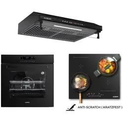 KB ELEMENTS Induktionsherd Set mit Einbaubackofen & Dunstabzugshaube - Schwarz - Das moderne Herdset von KB ELEMENTS vereint Induktionskochfeld, Einbaubackofen mit 14 Funktionen und elegante Dunstabzugshaube. Perfekt für kreative Kochabenteuer und stilvolles Design in Ihrer Küche.