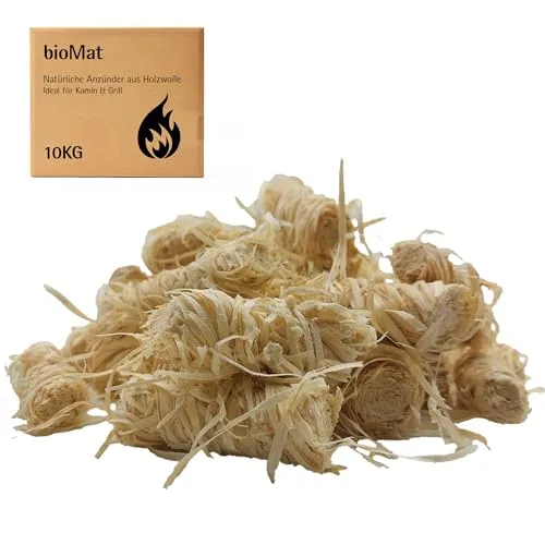bioMat 10 kg Öko Anzünder aus Holzwolle inkl. 2 Papiertragetaschen, in Wachs getränkt, Kaminanzünder, Ofenanzünder, Grillanzünder, Anzündwolle, Made in Germany, Bio Premium-Qualität