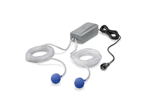 esotec Solar Einzelpumpe Teichbelüfter-Pumpe DUO 200 PRO IP44 - Gartenpumpen, leistungsstarke Ersatzpumpe für Teichbelüfter mit 2 x 3 m Luftschlauch und 2 Sprudelsteinen, ideal für klare Wasserqualität im Teich.