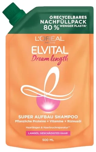 Produktbild L'Oréal Paris Elvital Shampoo Nachfüllpack, Haarshampoo gegen Spliss, Für traumhaft langes Haar, Mit Rizinus-Öl, Dream Length, 1 x 500 ml