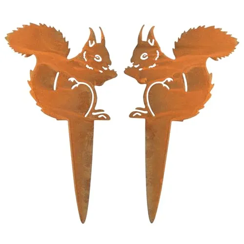 bowarepro 2 PCS Rost Eichhörnchen Figur Eichhörnchen Deko Metall Baumstecker Rost Edelrost Gartendeko Gartenfigur für Draußen Naturliebhaber Hof Hinterhof Garten Outdoor (12×21cm)