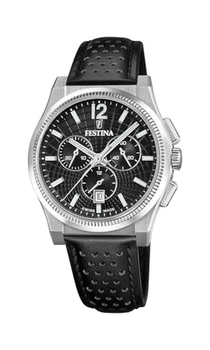 Festina Swiss Made Herrenuhr Analog Leder Schwarz - Quarz Chronograph, Datum - Saphirglas, Wasserdicht 10 ATM Elegant - F20060/4 Rive Collection