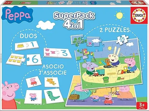 Educa - Peppa Wutz Superpack 4in1| Domino, Memo Spiel und 2 Puzzles für Kinder ab 3 Jahren (16229)