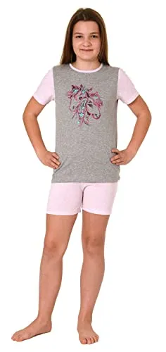 NORMANN-Wäschefabrik Mädchen Shorty Pyjama, Kurzarm mit Pferde-Motiv - 122 405 10 701, Farbe:grau, Größe:128