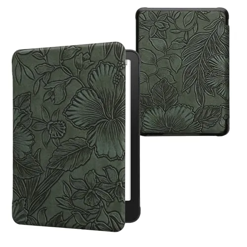 kwmobile Klapphülle kompatibel mit Amazon Kindle Paperwhite (2024)/Colorsoft Hülle - eReader Case - Blumen im grünen Relief Grün