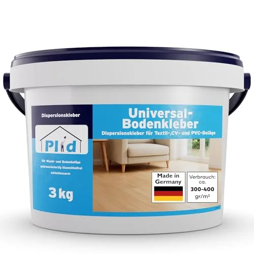 Plid Bodenkleber 3kg - Geruchloser Universalkleber für Bodenbeläge - Klebstoff für PVC, Teppich, Parkett und Vinyl, wasserfest und haftstark. Ideal für eine saubere und geruchsfreie Montage in Wohnräumen.