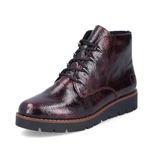 Rieker Plateaustiefelette - Schnürstiefelette mit Anziehschlaufe in glänzendem Rot - Wanderschuhe mit sportlichem Stil, wärmendem Innenmaterial und bequemer, gepolsterter Innensohle für optimalen Tragekomfort.