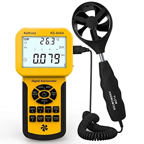 CFM Anemometer Digitaler Windmesser, Kethvoz HVAC Industrie Windmessgerät Messen Windspeed Luftstrom Temperatur,mit MAX/MIN/AVG & 600 gruppen Datenspeicher, Windgeschwindigkeitsmesser KE-846A