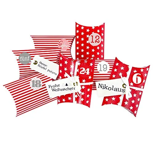 Frau WUNDERVoll® DIY Adventskalender zum Befüllen Christkind: Set 175, Kissenschachteln 15x11x4,5cm rot Sterne und Streifen, Ziffern rosa-rot