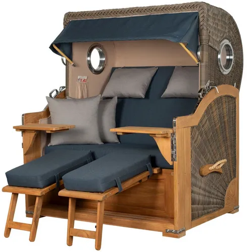 Mr. Deko Strandkorb Königssee Teak Bullauge - PE grau mit Liftersystem - Hochwertiger Strandkorb für Garten und Terrasse, 2,5-Sitzer mit Bullaugen aus Sicherheitsglas und pflegeleichtem PE-Rattangeflecht. Inkl. Liftersystem für einfachen Zugang.