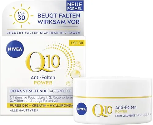NIVEA Q10 Anti-Falten Power Tagescreme LSF 30, 50 ml - Tagescreme mit 2-fachem Kollagen-Booster, mildert Falten in nur 7 Tagen und schützt mit LSF 30 vor UV-Strahlen. Ideal für alle Hauttypen, für straffere und regenerierte Haut.