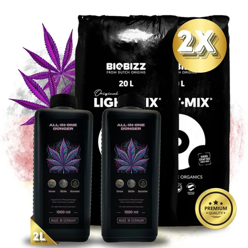 BioBizz All-in-One Dünger & Light Mix Grow Erde - Set aus organischem Dünger und 2 Säcken hochwertiger Anzucht- und Blüterre Erde, ideal für gesunde Pflanzen und optimales Wachstum.