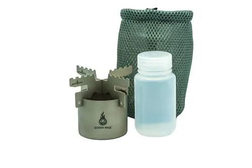 The Burner Titan Spiritusbrenner Set mit Topfkreuz und 125 ml Flasche ultraleicht kompakt für Outdoor Camping Trekking Survival