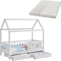 Juskys Kinderbett Marli 90 x 200 cm - Weiß mit Matratze & Bettkasten - Kinderzimmermöbel: Das moderne Hausbett Marli bietet Schlafplatz, Rausfallschutz und Stauraum in einem – ideal für Kinder von 3 bis 10 Jahren!