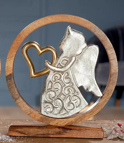 Gilde Engel mit Herz Metall Skulptur Schutzengel 24734 Basis + Kreis Mangoholz