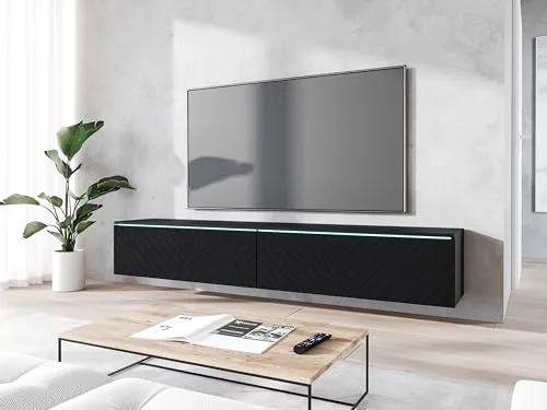 MINIO go for it - TV Schrank Donna, Breite 180 cm, TV Lowboard, Stehend oder Hängend, Fernsehschrank für das Wohnzimmer, Melamine, Graphit Schwarz/Herringbone Muster - ohne LED Beleuchtung