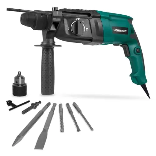 VONROC Bohrhammer 800W - 3 Joule - SDS plus - Bohrmaschine mit 4 Funktionen und Keilbohrfutter, ideal für vielseitige Anwendungen im Heimwerkerbereich.