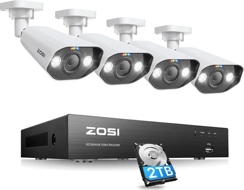ZOSI 4K Außen POE Überwachungskamera Set - WLAN- & Smart-Überwachungssysteme, 8CH NVR mit 2TB Speicher und 4x8MP IP Kameras, bietet intelligente Personen- und Fahrzeugerkennung sowie Farb-Nachtsicht für optimale Sicherheit.