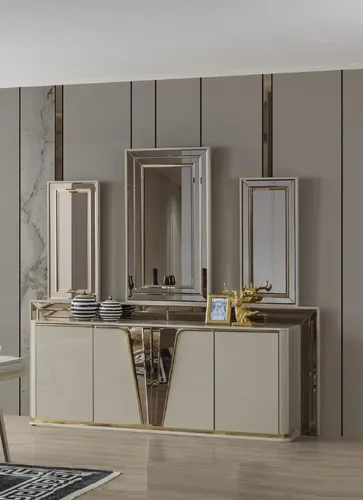 Modernes Beige Sideboard aus Holz für Wohnzimmer und Esszimmer - Stylisches Sideboard aus hochwertigem Holz, ideal für Wohnzimmer und Esszimmer. Mit einer Breite von 240 cm bietet es viel Stauraum und überzeugt durch sein modernes Design.