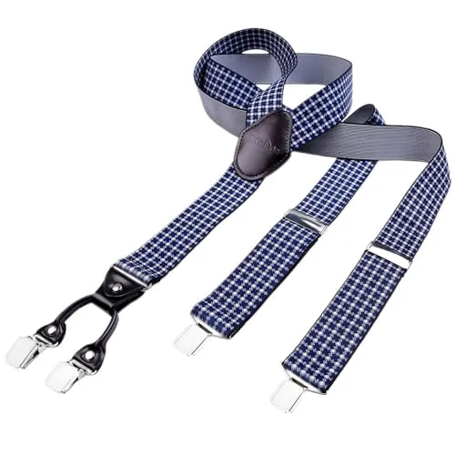 DonDon Hosenträger Herren extra stark gemustert blau weiß 3,5 cm Hosenträger Herren breit mit brauem Leder in Y-Form lang - Starke Clips passend für Anzug Jeans Chinos Vintage Rockabilly Suspenders