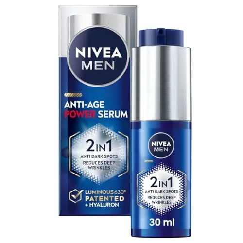 NIVEA MEN Anti-Age 2in1 Power Serum (30 ml), feuchtigkeitsspendendes Serum mit Thiamidol und Hyaluronsäure, reduziert tiefe Falten und dunkle Flecken für jünger aussehende Haut