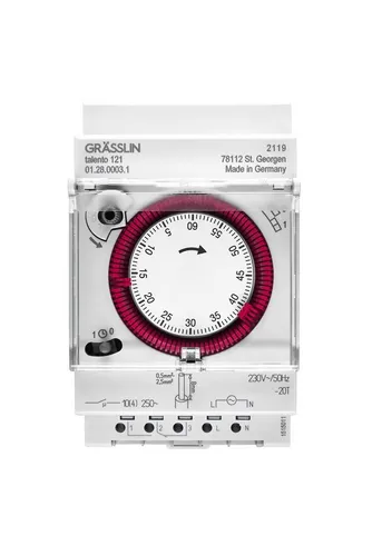 Grässlin Zeitschaltuhr talento 121 - Analoge Zeitschaltuhr für 60-Minuten-Programme, ideal für präzise Zeitsteuerung in Elektroinstallationen, Montage auf Hutschiene.