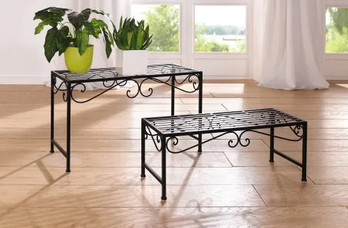 Dekoleidenschaft 2er Set Blumenbank Ranken aus Metall, schwarz, in Antik Optik, Blumenständer, Beistelltisch, Blumentisch, Dekobank, Pflanzenständer, Blumenhocker, Metallbank