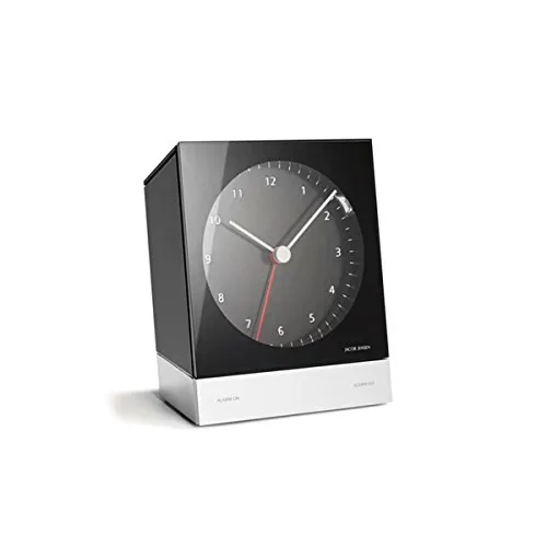 Jacob Jensen Item NO. 341 Alarmclock - Elegante analoge Quarz-Spieluhr in Schwarz und Aluminium mit Snooze- und Lichtfunktion sowie einem sanften Crescendo-Alarm für angenehme Aufwachmomente.