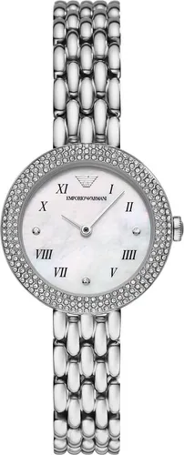 Emporio Armani Damen Armbanduhr AR11354 - Elegantes Design - Armbanduhren mit silberfarbenem Edelstahlgehäuse und perlmuttfarbenem Zifferblatt – schlankes 30 mm Gehäuse, ideal für Alltag und besondere Anlässe.