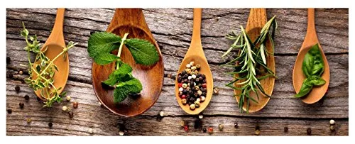 levandeo Glasbild 80x30cm Wandbild aus Glas Küche Kräuter Gewürze kochen Wanddekoration Einrichtung Küchendeko