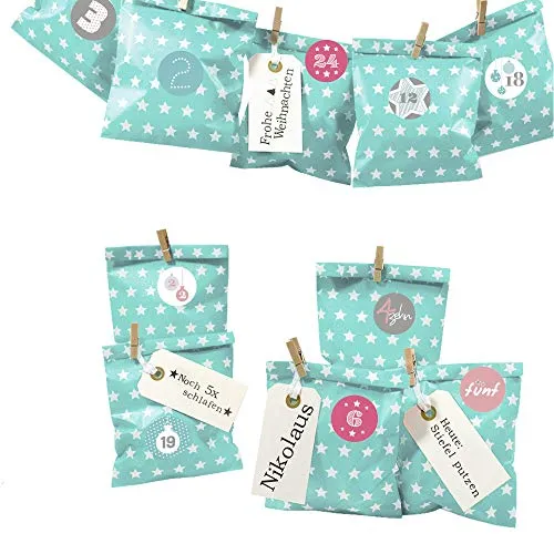 Frau WUNDERVoll® DIY Adventskalender zum Befüllen Bescherung, türkis mint Sterne Papiertüten 13x16,5cm, Ziffern pastell/Weihnachten Aufkleber Kalender Kinder Geschenkbeutel