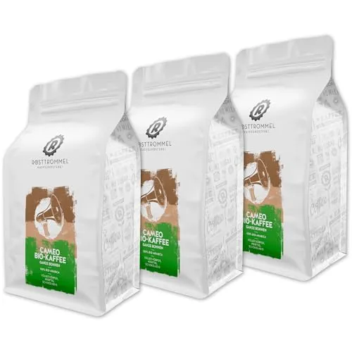 RÖSTTROMMEL Cameo BIO-KAFFEE, Ganze Bohnen 3x1kg - Genießen Sie 100% Arabica Kaffee aus Honduras mit einem mittelkräftigen Geschmack von Schokolade und Nuss. Perfekt für anspruchsvolle Kaffeeliebhaber, die Wert auf Qualität und Nachhaltigkeit legen.