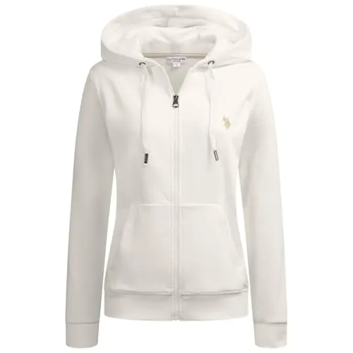 U.S. Polo Assn. Damen Kapuzenpullover (S-XL) Hoodie mit Reißverschluss, aufgesetzten Eingrifftaschen und Rippbündchen P019 - Weiss Beige - Gr.M