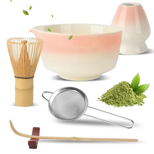 Pink matcha set, 6-teiliges matcha set, Matcha-Tee-Set, Matcha-Schale mit Teeausgießer, Matcha-Besen, Matcha-Sieb, Matcha-Besenständer, Matcha-Löffel, Matcha-Zubehör für Matcha-Liebhaber