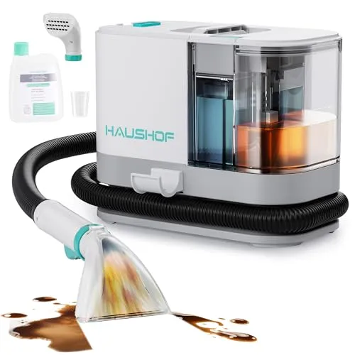 HAUSHOF Waschsauger Teppichreiniger 13 kPa, Tragbarer Polsterreiniger 3,85 kg, 2-in-1 Wassertank, 1,5 m Schlauch, Leise (≤77 dB), Kompatibel mit Warmwasser, für Teppiche, Sofas und Autositze