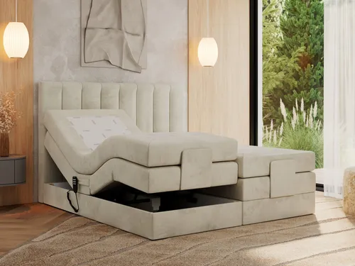 MKS MEBLE Boxspringbett 140x200 elektrisch verstellbar - Elegantes Boxspringbett mit elektrisch verstellbarer 7-Zonen Taschenfederkernmatratze und zwei Fernbedienungen für individuellen Liegekomfort. Ideal für ergonomischen Schlaf und modernen Stil.