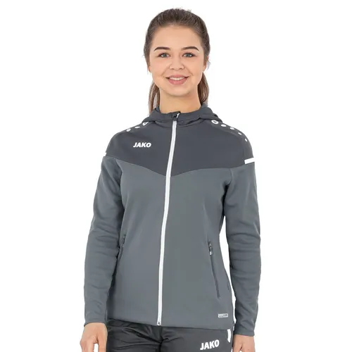 JAKO Kapuzenjacke Champ 2.0 - Grau, Größe 42 für Damen - Trainingsbekleidung mit dynamischem Colourblock-Design, praktischen Reißverschlusstaschen und modernen Details wie Zippergarage und zweifarbigem Reißverschlussanhänger.